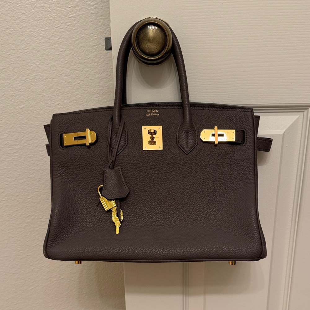 Elegant Taupe grayish brown Leather tote bag Birkin style 11x9x6